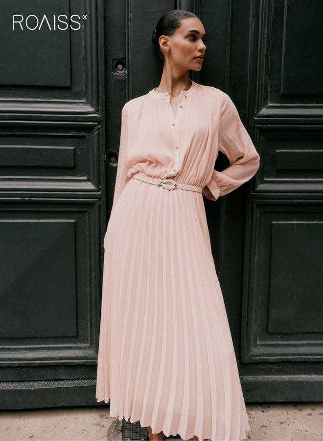 رويس فستان ميدي نسائي بأكمام طويلة مطوية، فستان أنيق بياقة دائرية وحزام، فستان رومانسي ناعم ومريح مناسب للعمل والمكتب والمواعيد والارتداء اليومي في فصلي الربيع والخريف، لون وردي فاتح - Image 3